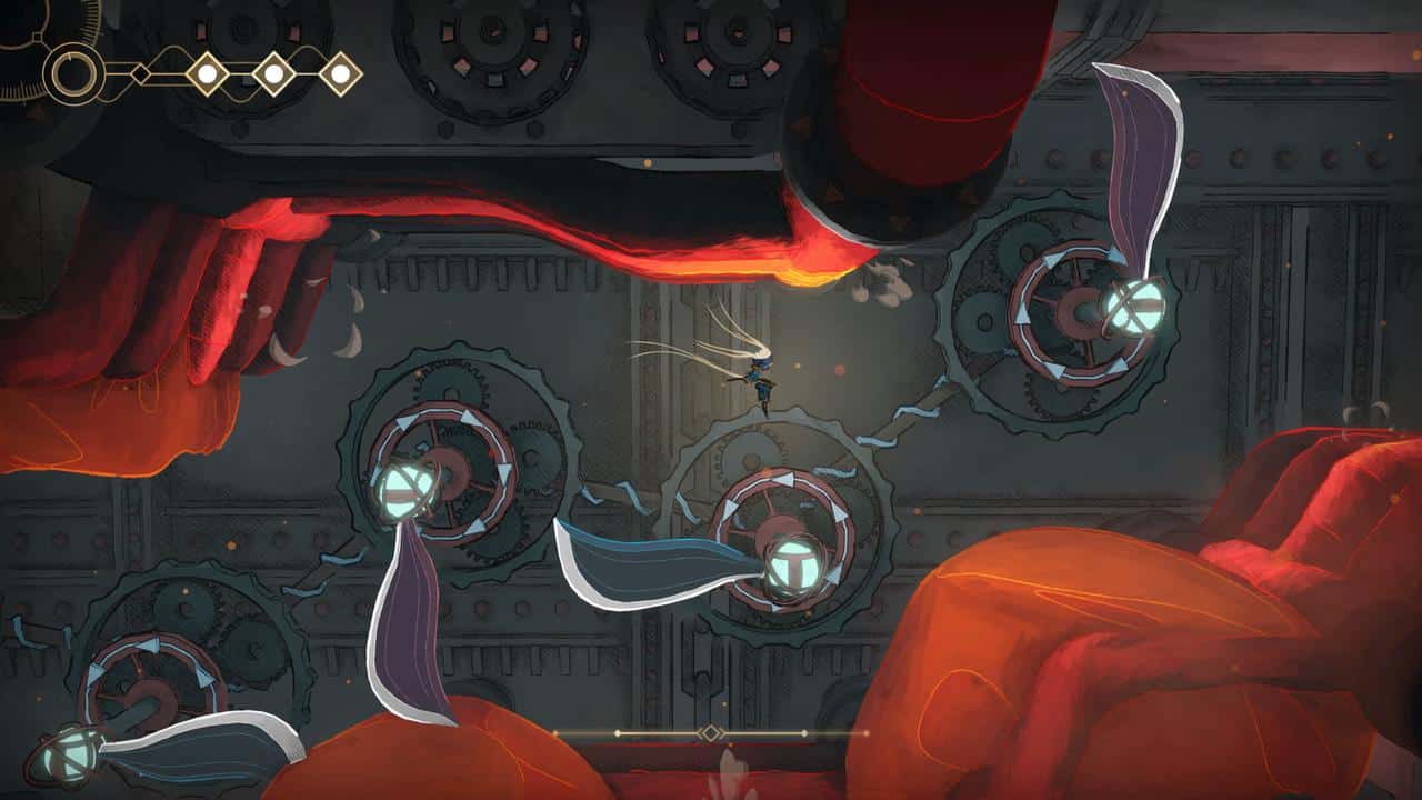 A character swings on ropes above large gears and red pipes in a side-scrolling game scene in MIO: Memories in Orbit.