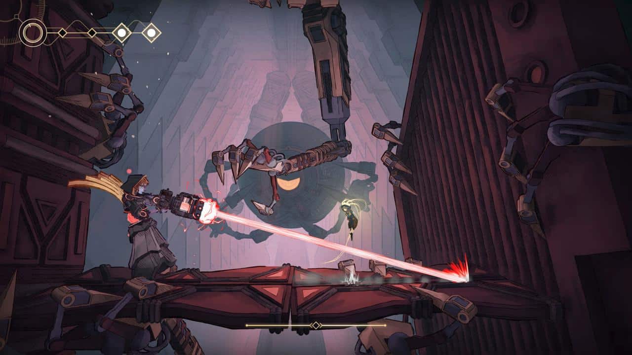 A robot battles a giant mechanical enemy with laser beams in a futuristic, industrial setting in MIO: Memories in Orbit.
