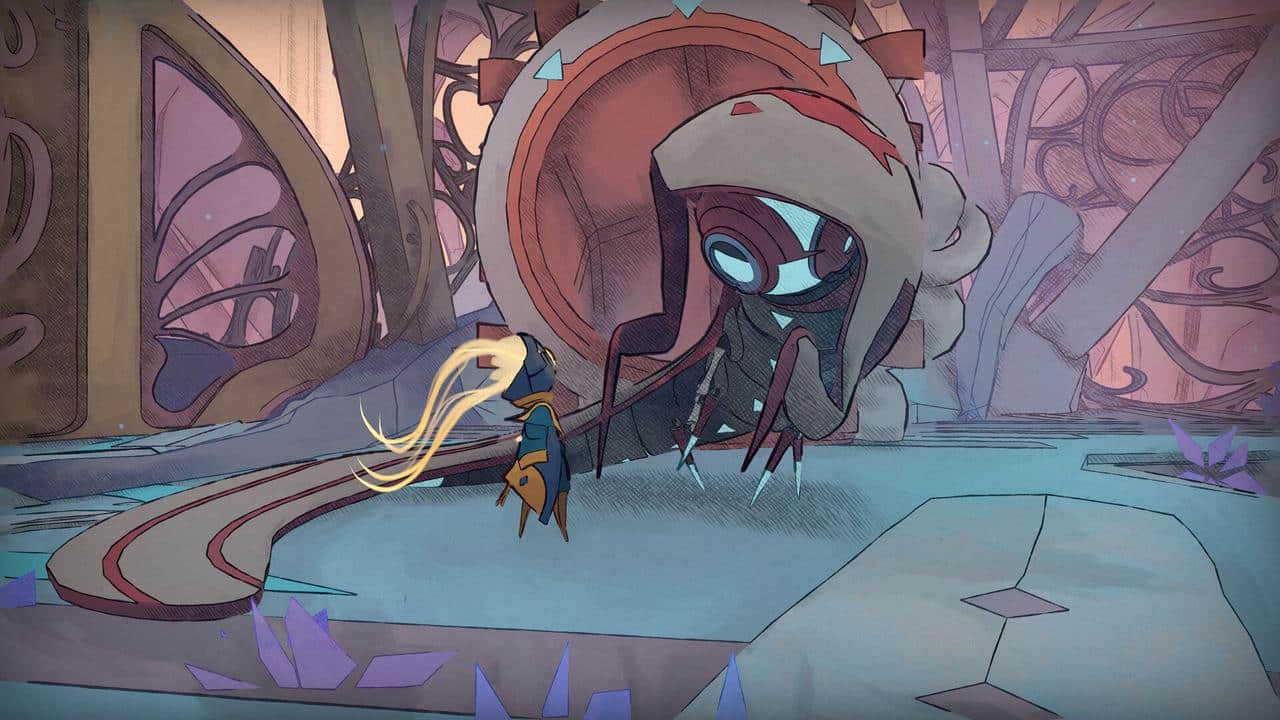 A small character faces a large, insect-like creature inside a fantasy, pastel-colored structure in MIO: Memories in Orbit.