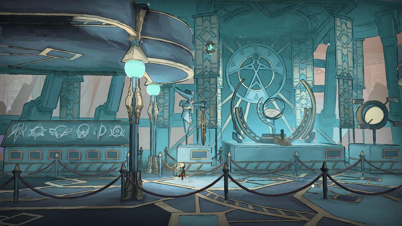 A stylized, futuristic blue lobby with large clocks, glowing orbs, and mysterious symbols on the walls in Mio Memories in Oribit.