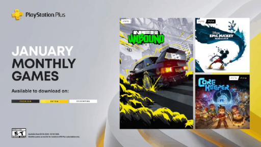 PlayStation Plus January games: NFS Unbound, Disney Epic Mickey, and Core Keeper displayed on a gray background.