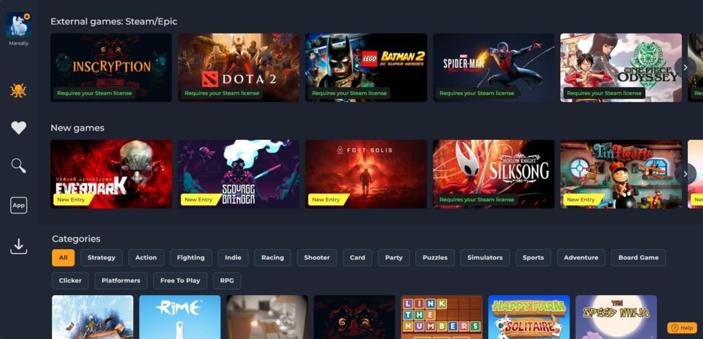 A dark-themed game library interface shows game covers, categories, and new game entries.