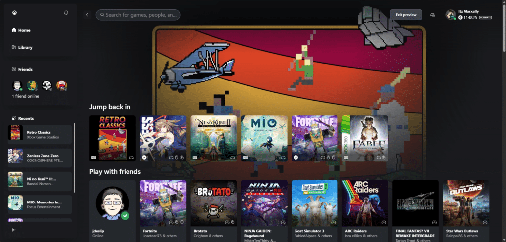Screenshot of the new Xbox Cloud Gaming web interface, showcasing a modern design with streamlined navigation and game options for a better gaming experience.