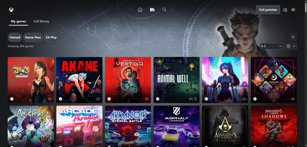 Screenshot of the new Xbox Cloud Gaming interface showcasing a gaming library with various game tiles, navigation options, and user interface elements.