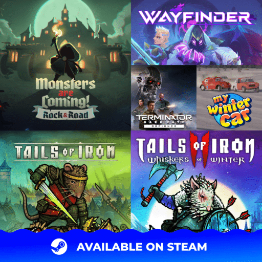 Collage of game covers with "Available on Steam" text and Steam logo at the bottom.