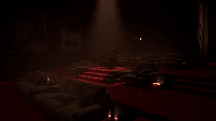 An empty, dimly lit movie theater with plush seating and illuminated steps, creating a moody atmosphere.