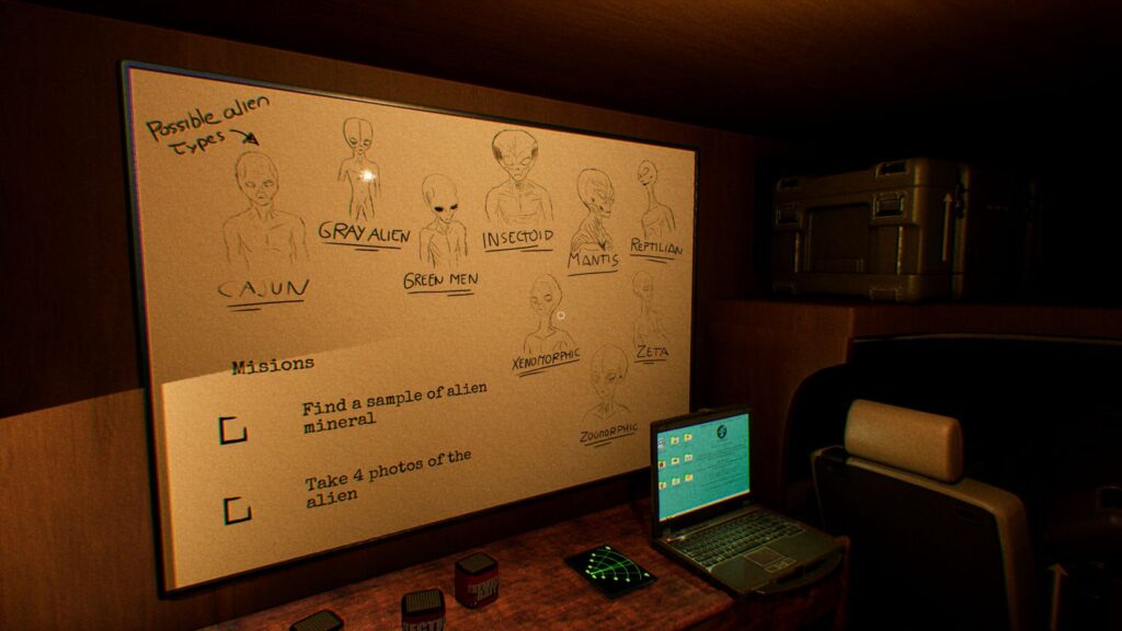 A whiteboard displaying sketches of various alien types, including Gray Alien, Green Men, Insectoid, Mantis, Reptilian, and Zeta, with a list of missions below: find a sample of alien mineral and take 4 photos of the alien. A laptop with a digital screen is visible on a wooden table in a dimly lit space.