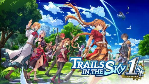 Anime-style characters in colorful outfits stand outdoors under a blue sky with the "Trails in the Sky" logo.
