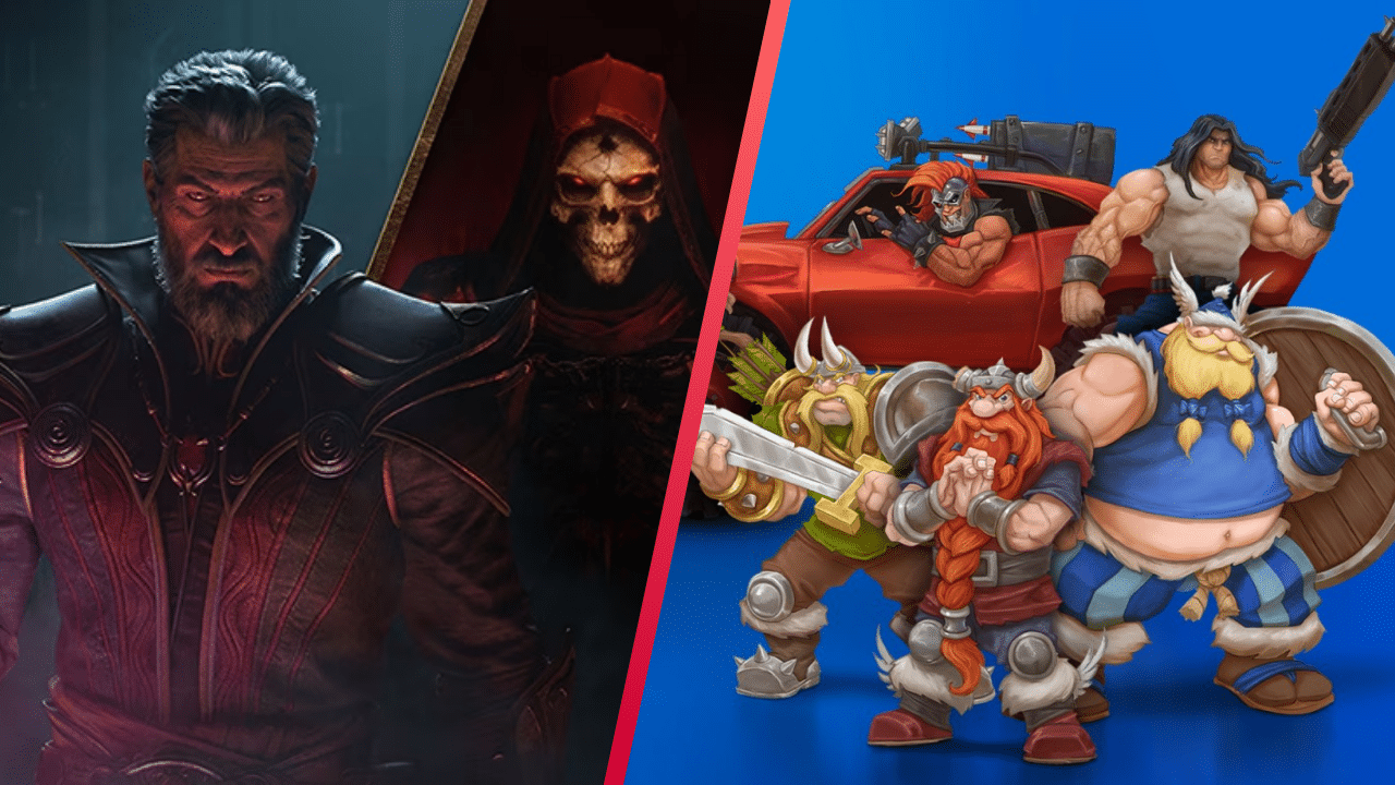 Split image: dark fantasy characters on the left, colorful cartoon Vikings and heroes on the right.