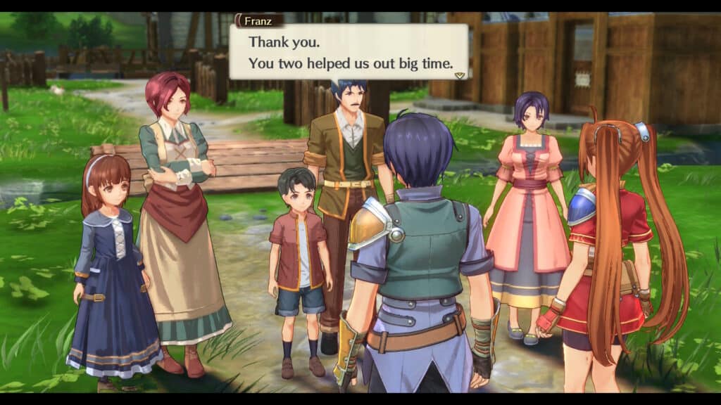 A group of characters in a rural setting, engaging in conversation, with one character expressing gratitude. The scene features a mix of adults and children in casual clothing.