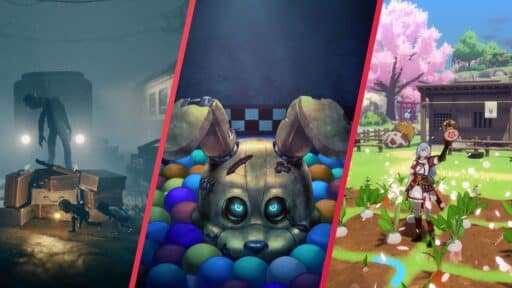 Three game scenes: a dark room with monsters, a robot bunny head in balls, and a farm with anime characters.
