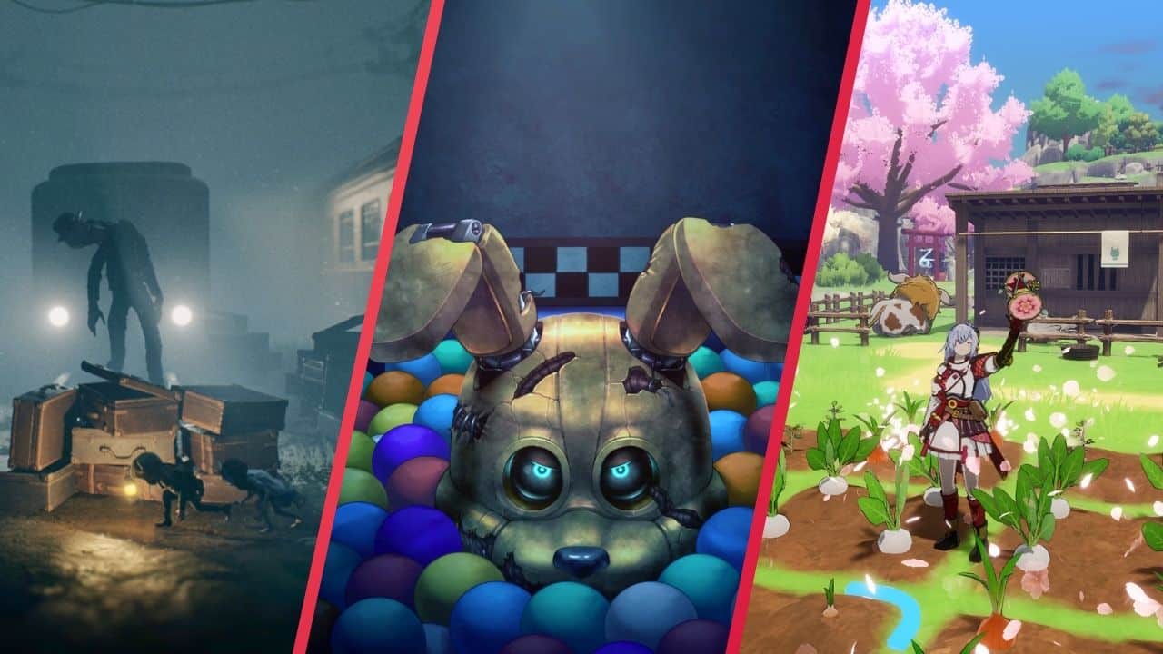 Three game scenes: a dark room with monsters, a robot bunny head in balls, and a farm with anime characters.
