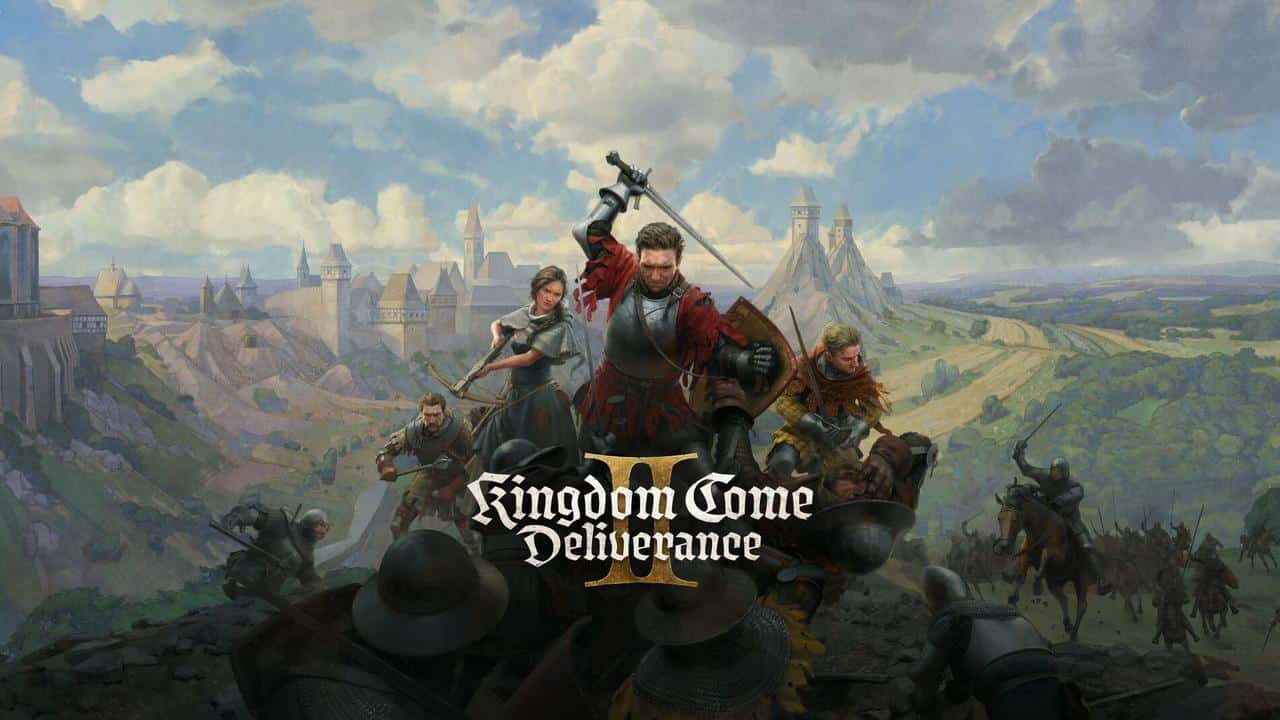 A group of medieval warriors charge into battle with a castle and landscape in the background; "Kingdom Come: Deliverance II" logo.