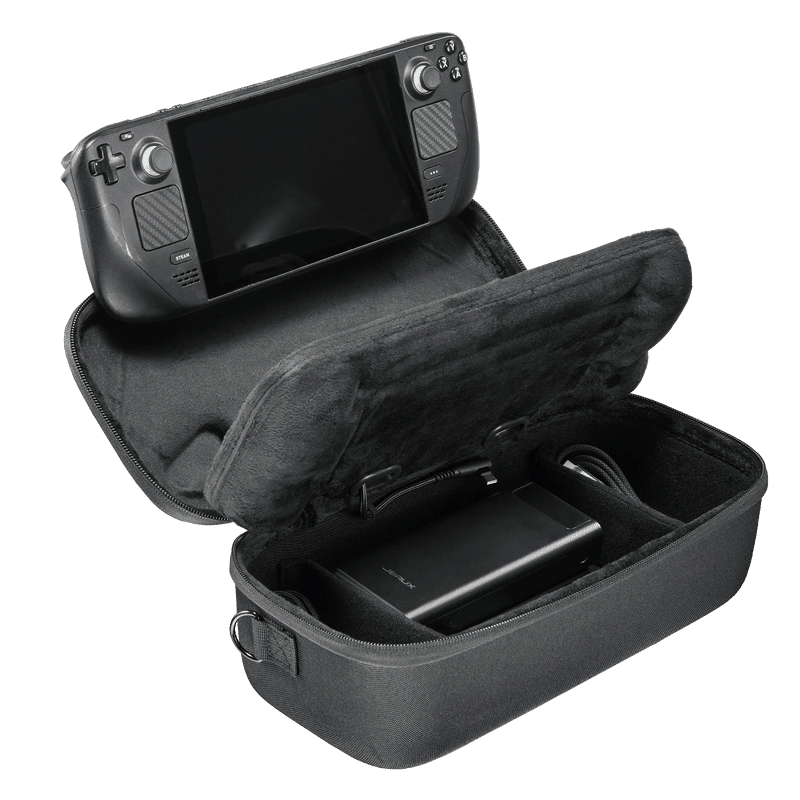 A gaming console with a controller is placed inside a black storage case, revealing a power bank and cables underneath.