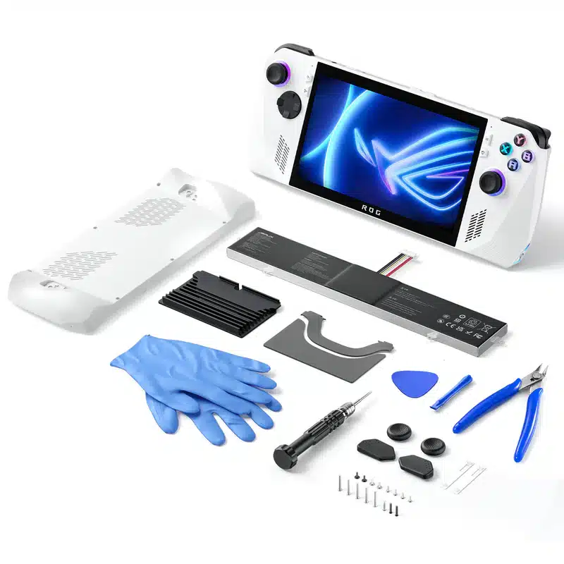 Teardown kit for a handheld gaming device, including the device, battery, tools, and protective gloves.