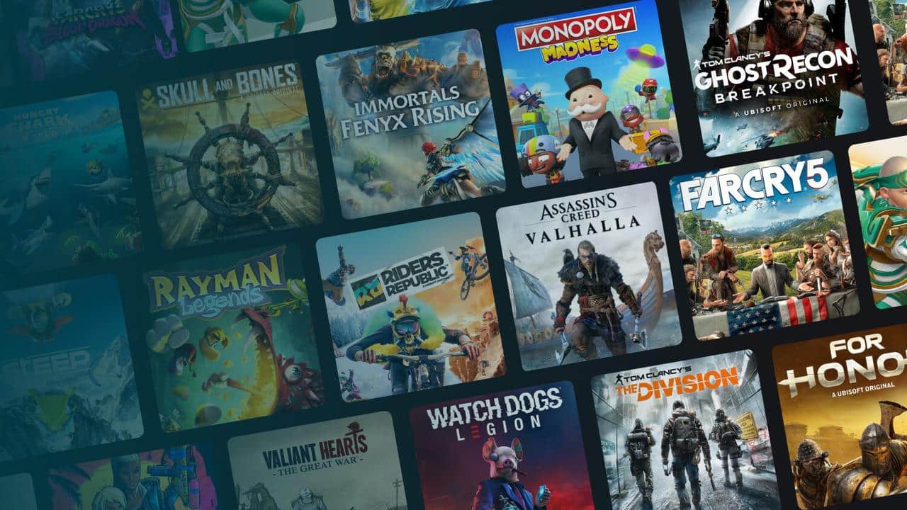 A collage of various Blacknut Ubisoft games covers, including Far Cry 5, Watch Dogs: Legion, and Monopoly Madness.