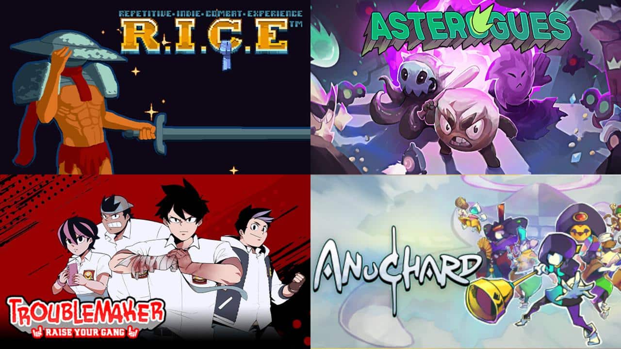 A collage of four colorful video game covers—R.I.C.E, Asterigues, Troublemaker, and Anuchard—showcases some of the latest Blacknut new games.