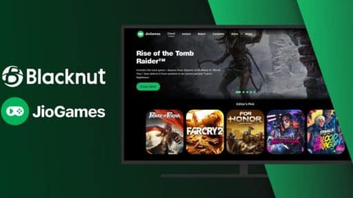 A TV screen displays the JioGames platform with game titles like Tomb Raider, Far Cry 2, and For Honor.