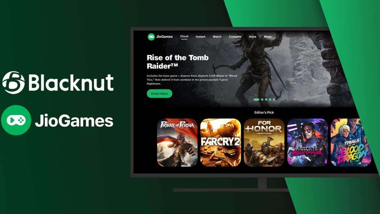 A TV screen displays the JioGames platform with game titles like Tomb Raider, Far Cry 2, and For Honor.