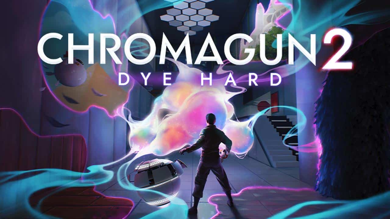 A person faces swirling colorful energy in a futuristic hallway as the text "ChromaGun 2: Dye Hard" hovers above, capturing the game's vibrant challenge.