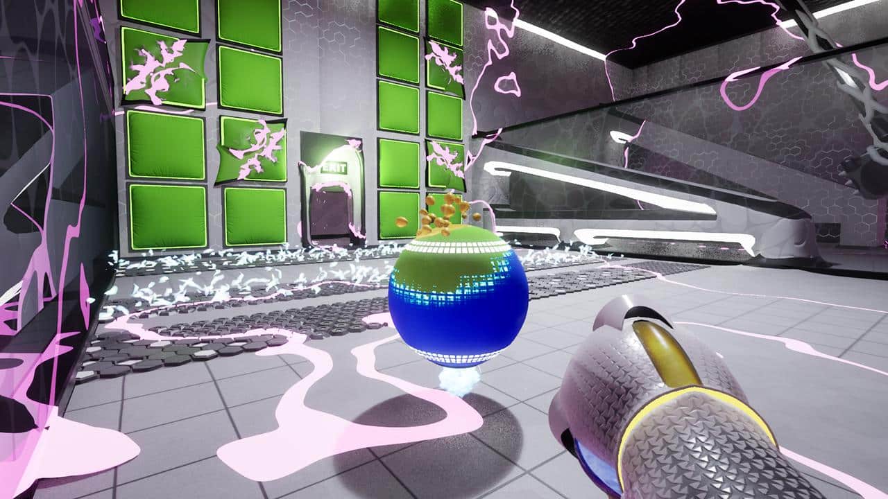 A futuristic ChromaGun 2: Dye Hard game scene with a blue and green floating orb and a gloved hand aiming at it.