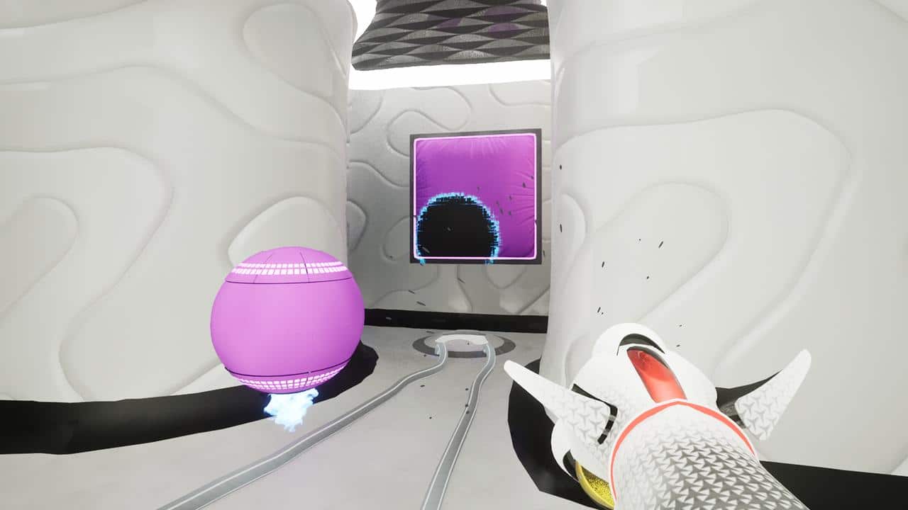 A sci-fi game scene with a purple sphere, a white wall, and a futuristic ray gun inspired by ChromaGun 2: Dye Hard in the foreground.