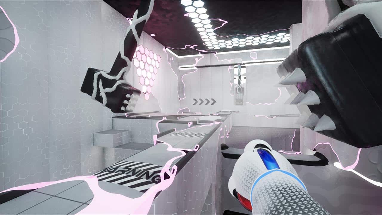 A first-person view of a futuristic, glowing obstacle course inspired by ChromaGun 2: Dye Hard, featuring platforms and large swinging spike traps.
