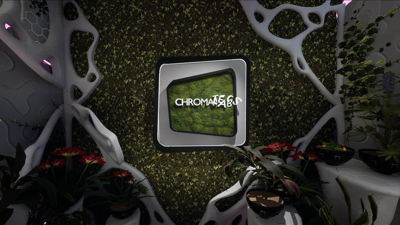 A green moss wall with a "Chromata 360" sign, surrounded by white frames and potted plants, channels the vibrant energy of ChromaGun 2: Dye Hard.