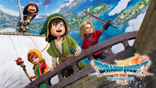 Four animated adventurers set sail on a wooden ship, exploring a scenic landscape beneath the bold DRAGON QUEST VII Reimagined logo.