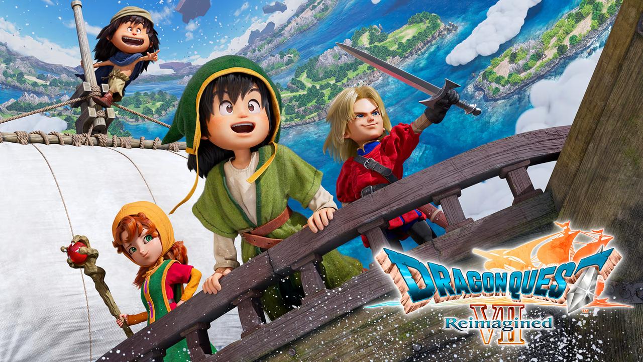 Four animated adventurers set sail on a wooden ship, exploring a scenic landscape beneath the bold DRAGON QUEST VII Reimagined logo.
