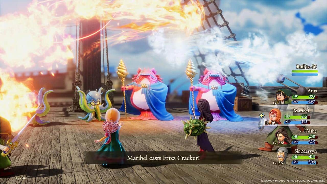 Four fantasy characters battle colorful monsters on a ship in this DRAGON QUEST VII Reimagined scene; fiery magic attacks fill the vibrant setting.