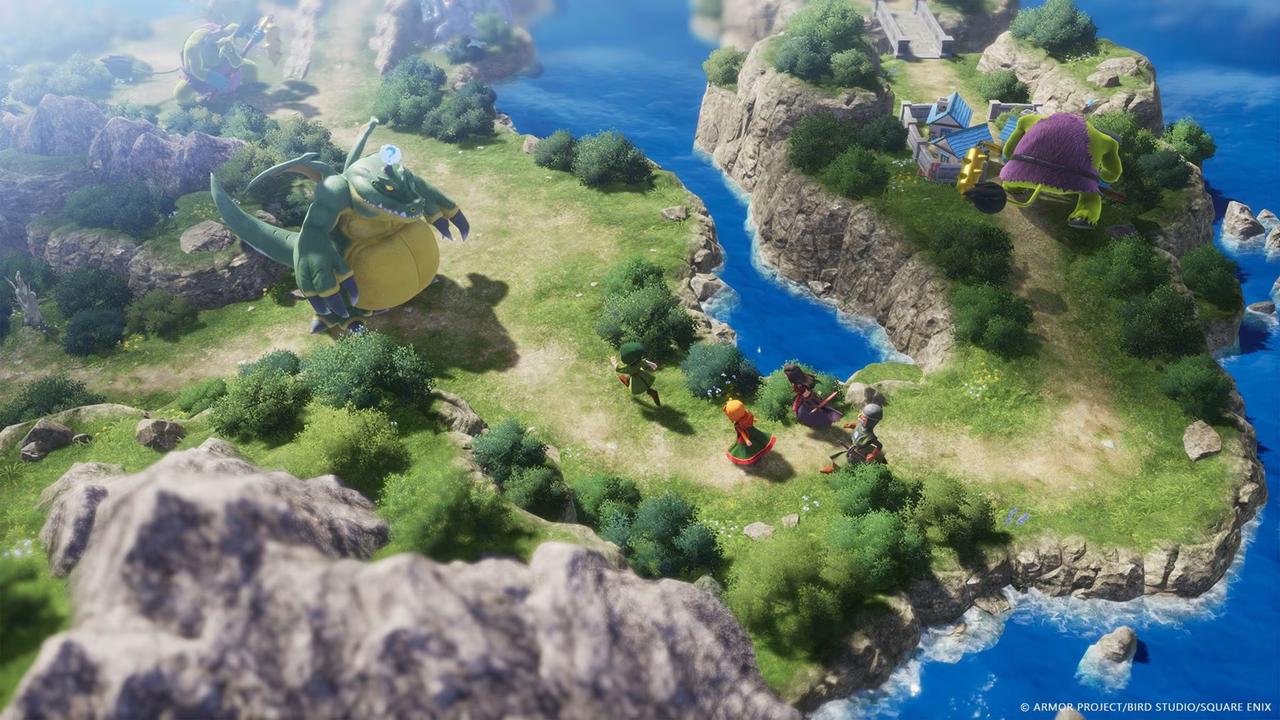 Four adventurers face a giant green dragon on a grassy island surrounded by water, evoking the epic spirit of DRAGON QUEST VII Reimagined in this fantasy setting.