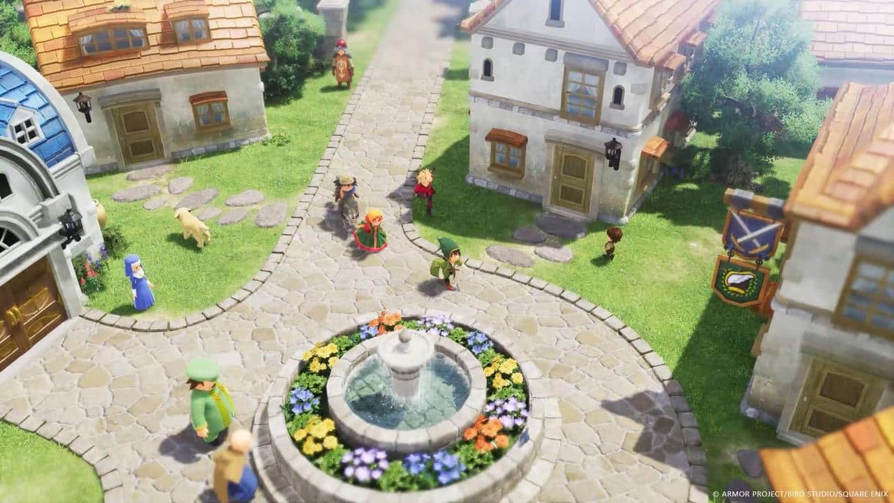 A colorful town square with a flower fountain, villagers walking, and quaint houses under a sunny sky—straight from DRAGON QUEST VII Reimagined.