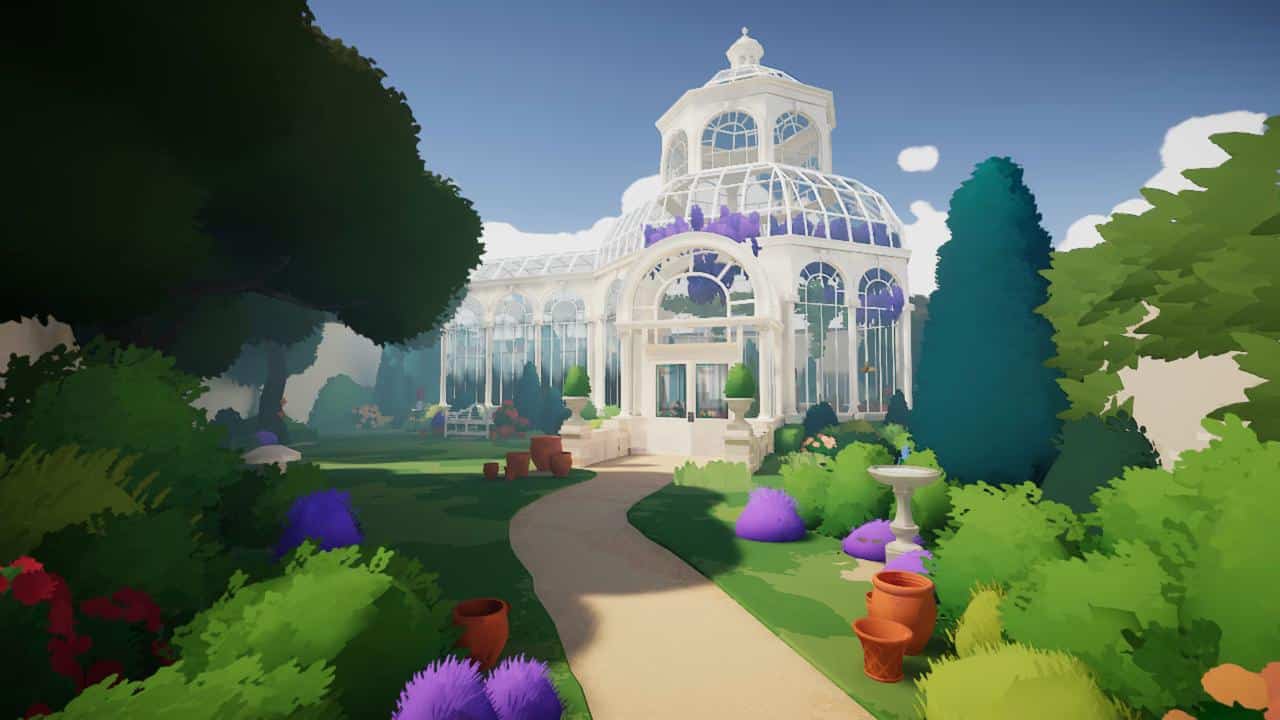 A glass conservatory with lush gardens, colorful bushes, and clay pots along a winding path.