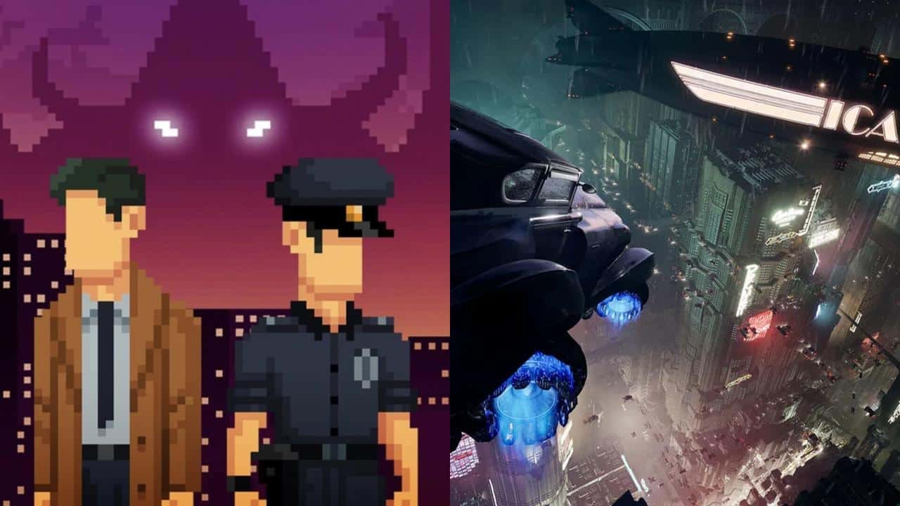 Pixelated detectives beside a shadowy figure; futuristic cityscape with flying cars and neon signs.