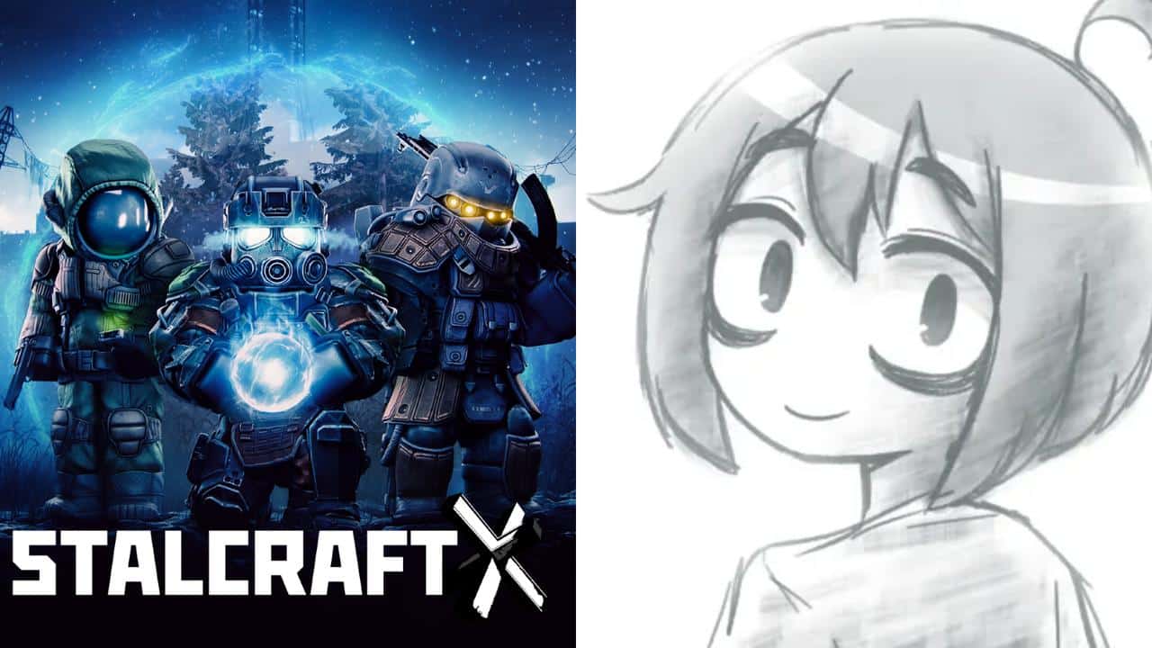 Left: Three armored figures with glowing eyes; right: a simple sketch of a smiling anime-style character.