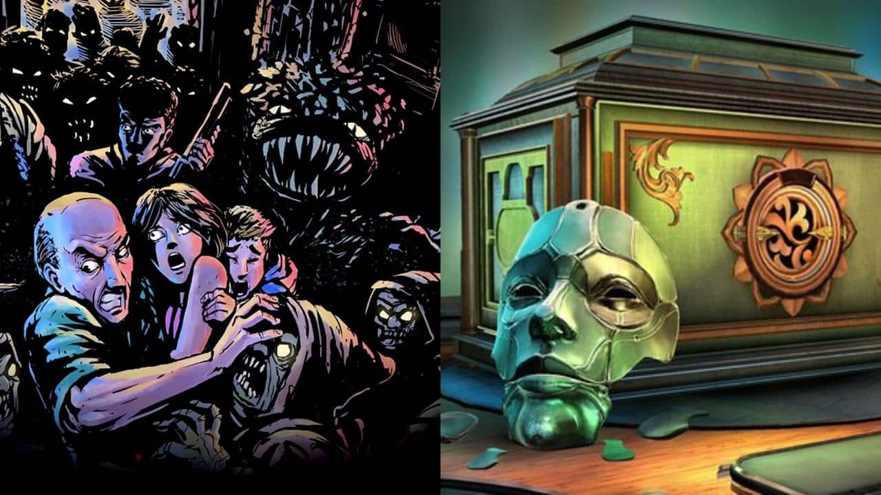 Artwork showing survivors surrounded by monsters from My Night Job beside a detailed puzzle box and metal mask from Boxes: Lost Fragments, promoting this week’s Epic Games Store free games.