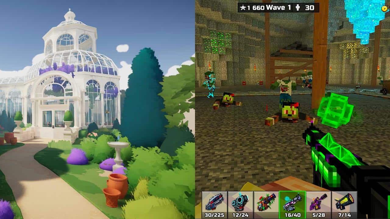 Split image: left shows a garden with a glasshouse; right shows a pixelated shooter game featuring zombies and weapons, capturing the excitement of Epic Games Store free games.
