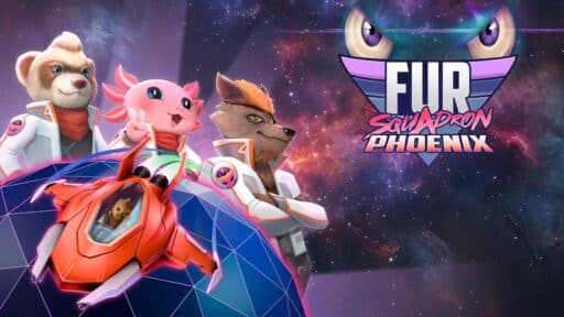Four anthropomorphic animals in space suits stand by a spaceship, their glowing eyes reflecting the "FUR Squadron Phoenix" logo.