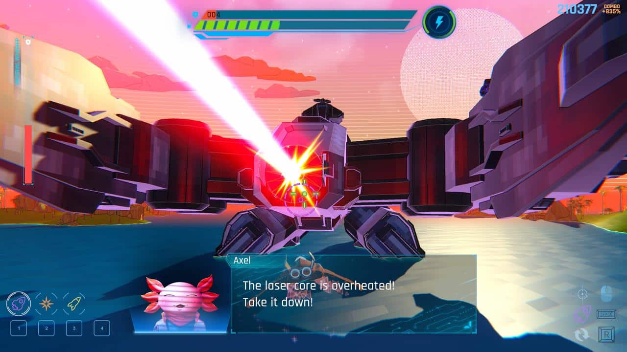 A large FUR Squadron Phoenix robot fires a laser as a game character shouts, “The laser core is overheated! Take it down!”.