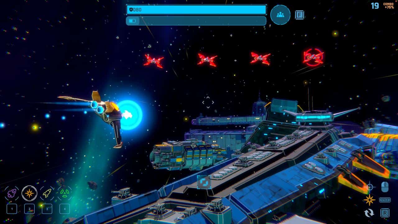 A FUR Squadron Phoenix spaceship battles red enemy ships in a colorful, futuristic space scene filled with vibrant HUD elements.