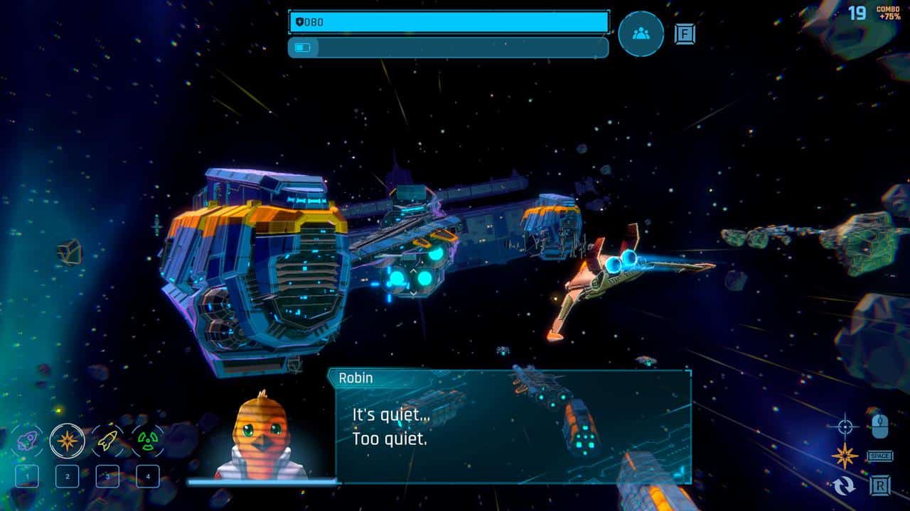 A FUR Squadron Phoenix spaceship drifts through a colorful asteroid field. Robin says, "It's quiet. Too quiet.