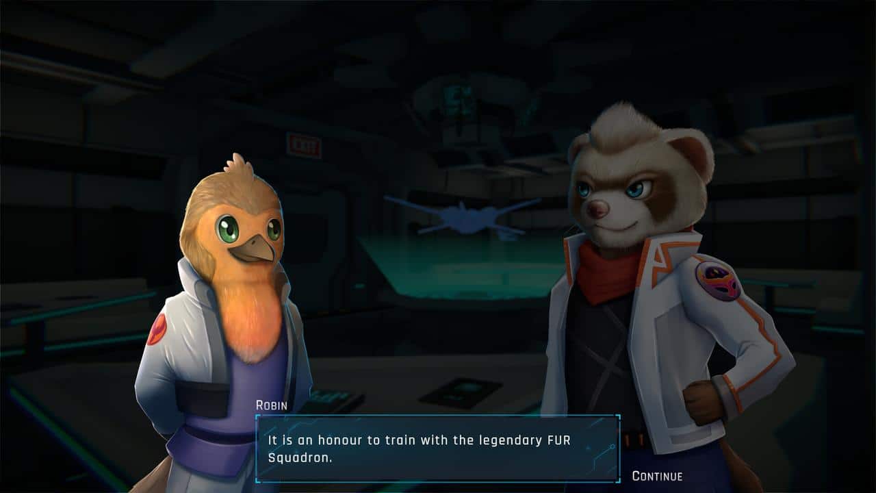 Two FUR Squadron Phoenix members, both anthropomorphic animals in pilot uniforms, stand in a futuristic control room, deep in conversation.