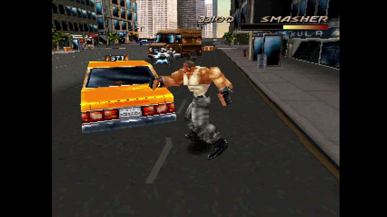 A muscular man stands next to a yellow taxi on a city street in a retro video game scene, inspired by the Fighting Force Collection.