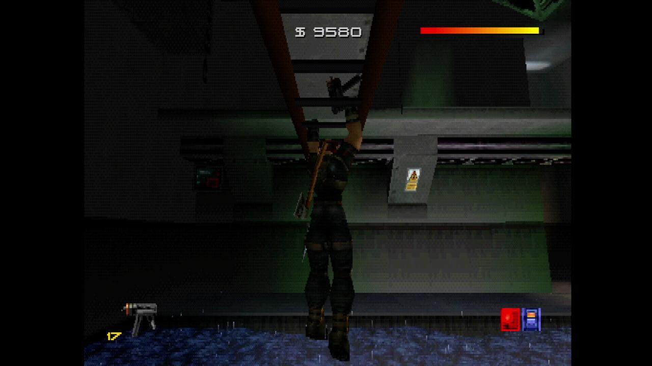 A video game character from the Fighting Force Collection climbs a ladder above water, with money and health bars displayed on screen.
