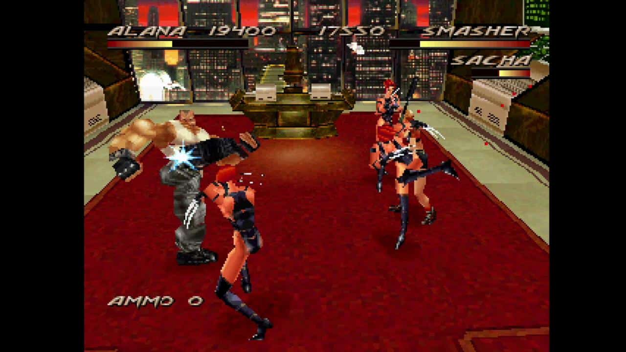 A dynamic video game fight scene from the Fighting Force Collection featuring four characters battling in a red-carpeted room with a cityscape in the background.