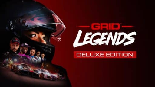 Racing driver in a helmet with cars and characters, "GRID Legends: Deluxe Edition" text on a bold red background.