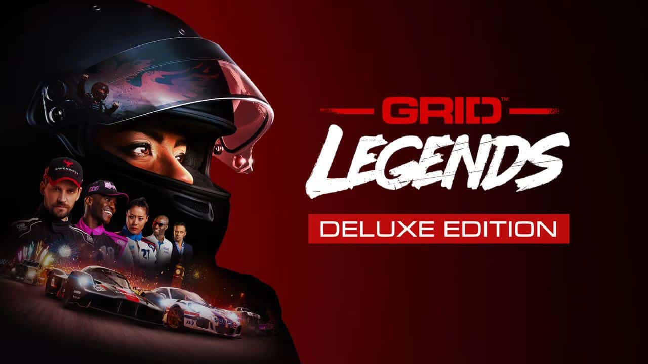 Racing driver in a helmet with cars and characters, "GRID Legends: Deluxe Edition" text on a bold red background.