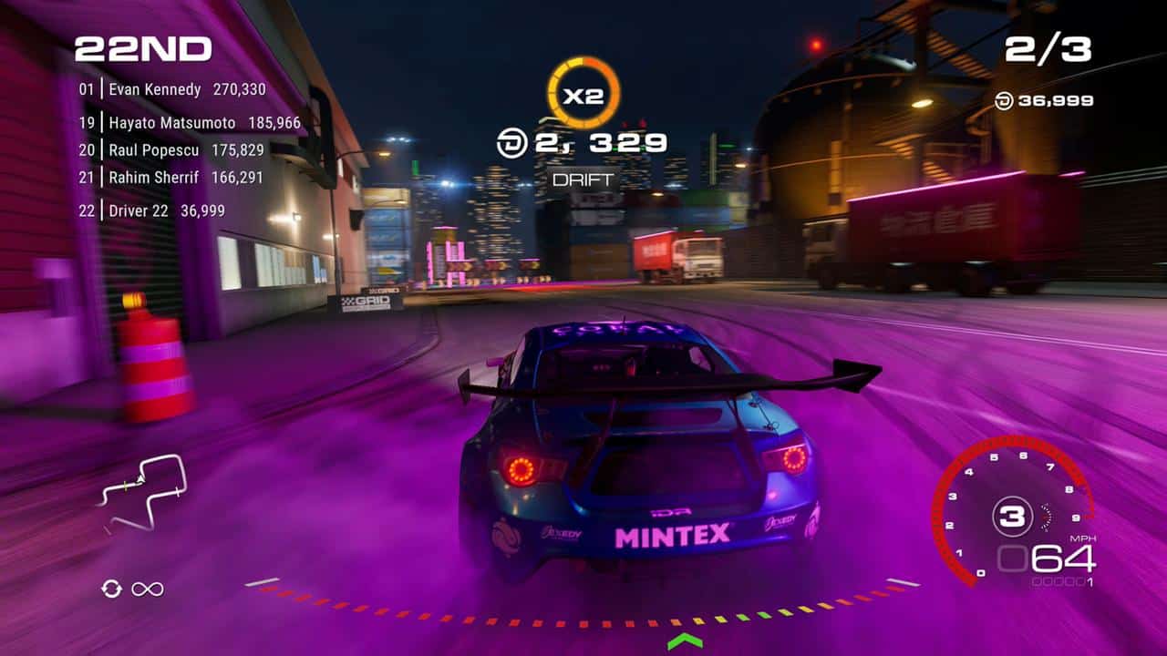 A purple race car drifts on a neon-lit city street at night in GRID Legends: Deluxe Edition, displaying speed and stats in this thrilling racing video game.