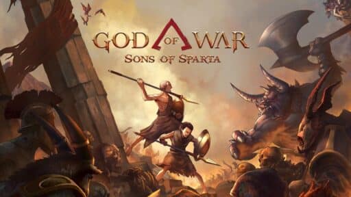 Under the "God of War: Sons of Sparta" title, two warriors clash with monstrous foes, their weapons flashing in a dramatic battle.